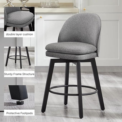 Counter Height Barstools 26 inch Upholstered Swivel Bar Stools with Back and Wood Legs for Kitchen Island,Set of 3,Dark Grey Fabric-Armless