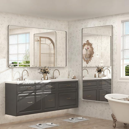 60x30 Silver Bathroom Mirror, Brushed Metal Framed Mirror for Vanity, Rounded Corner Rectangle Mirror for Wall, Anti- Rust, Shatterproof (Horizontal/Vertical)