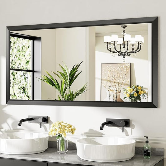 60x28 Inch Black Bathroom Mirror for Wall, Thick Metal Framed Rectangle Mirrors for Over Sink, Bedroom, Living Room, Entryway, Anti-Rust, HD Tempered Glass