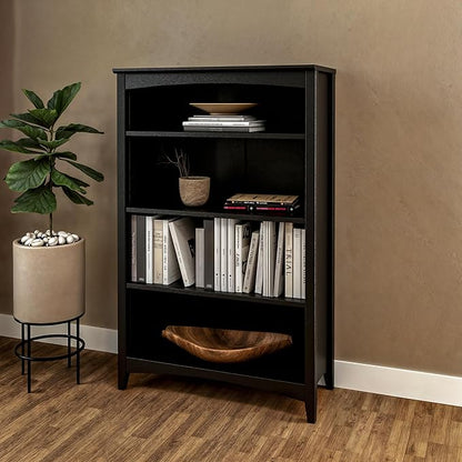 Camaflexi Shaker Style 4 Shelf Bookcase/Solid Wood / 48" High/Adjustable Shelving/Closed Back/Display Bookshelf for Living Room, Bedroom, Home and Office, Black