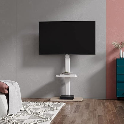 FITUEYES Floor TV Stand Tall for Living Room, Bedroom, Corner TV Stands for TVs up to 70 Inch Swivel TV Mount Stand with Height Adjustable Shelf Upgrade Sturdy Wood Base White