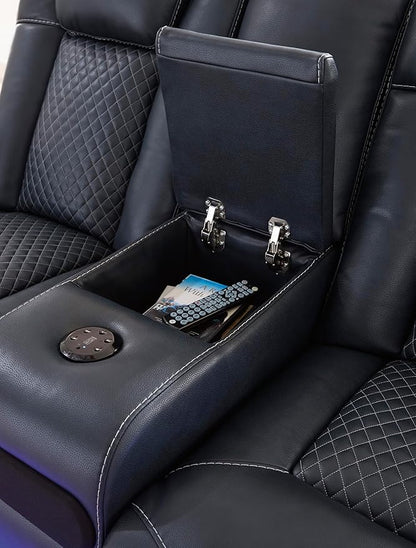 Signature Design by Ashley Fyne-Dyme Contemporary Power Reclining Loveseat with Console, USB Charging Ports and Adjustable Headrest, Blue