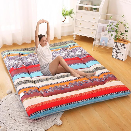 Bohemian Retro Japanese Floor Mattress, Vintage Floral Tatami Floor Mat, Portable Roll up Futon Mattress for Guest,Tavel (B,Twin 80" x 36")