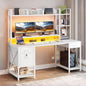 DWVO Computer Desk with Drawers & Hutch, 59.1" Office Desk with Power Outlets & LED Lights, Home Office Desk with Storage Shelves, White
