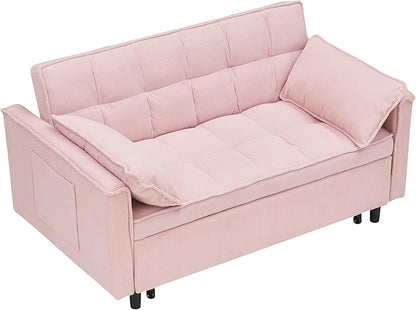 Ball & Cast Convertible Sofa Bed,Loveseat Sleeper Sofa W/Pull-Out Bed,Convertible Pull Out Couch W/2 Pillows,Adjustable Backrest&Side Pocket,Corduroy Futon Couches for Living Room,Apartment,Pink,54"