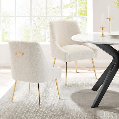 Modern Velvet Dining Chairs Set of 2, Contemporary Upholstered Furniture Collection with Polished Gold Metal Legs, Elegant Accent Chairs for Kitchen Living Room(Teddy Fleece,Beige)