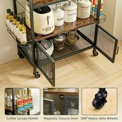 Coffee Bar Cart with Wheels, Coffee Bar Table, Kitchen Coffee Bar Cabinet with Storage, Rustic Coffee Bar, Rolling Coffee Cart, Coffee Nook, Corner Coffee Bar Station with Drawer, Bakers Rack