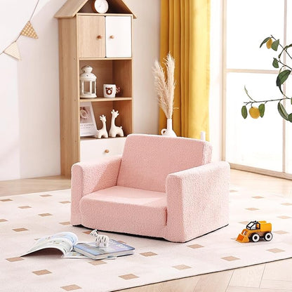 Tiita Kids Chair Couch, Folding Toddler Comfy Sofa Chairs, 2-in-1 Kids Plush Sofas Fold Out, Baby Armrest Chair Sofa to Lounger, Convertible Play Sofas to Bed for Girl or Boy, Pink