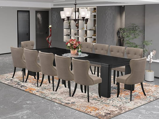 X12SI-006-48 - 13-piece Modern Dining Room Table Set a Rectangular Kitchen Table and 12 coffee Linen Fabric Dining Chair, 39x120 Inch, Wire Brushed Black