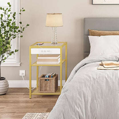 HOOBRO End Table with Charging Station, Side Table with USB Port & Power Outlets, 3-Tier Slim Nightstand with Storage Shelves, Tempered Glass, for Living Room, Bedroom, Gold GD77UBZ01
