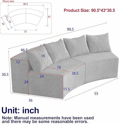 KEIKI Corduroy Curved Sectional Sofa, 2 Seater Symmetrical Modular Semi Circular Couch, Deep Seat Tufted Corner Sofa for Living Room, Lobby, Gray