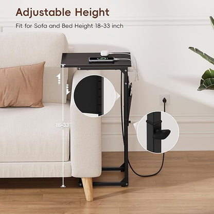 Vagusicc C Shaped End Table with Charging Station, Adjustable Height Side Table for Sofa, Couch Side Table for Small Spaces, Slide Under Sofa TV Tray Snack Arm Tables for Living Room, Bedroom, Black