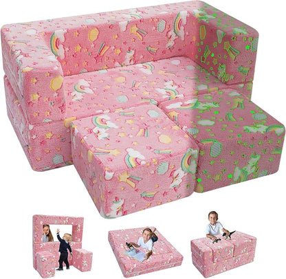 MeMoreCool Modular Kids Sofa,Toddler Play Couch Fold Out for Playroom, Glow in Dark Convertible Plush Unicorn Foam Chair for Baby Childrens