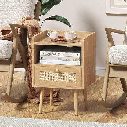 Nightstand Rattan with Charging Station, Mid Century Modern Bed Side Table, Boho End Table with Wood Legs, Bedside Tables for Bedroom Living Room (1, Natural, 11.8" D x 15.9" W x 23.4" H (1 Drawers))