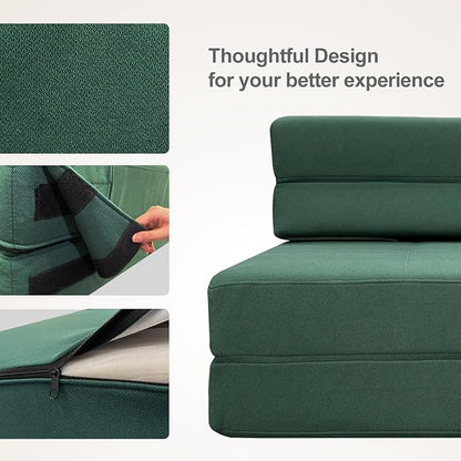 ANONER Fold Out Couch Bed Memory Foam Sleeper Chair with 2 Pillows, Queen Size Futon Couch Guest Convertible Chair Bed, Washable Cover, Dark Green