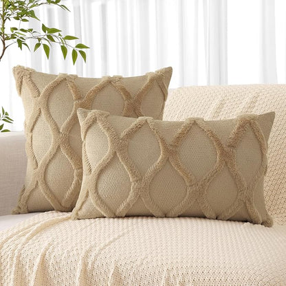 decorUhome Throw Pillow Covers 22x22 Inch Set of 2, Soft Plush Faux Fur Wool Khaki Couch Pillow Covers, Decorative Neutral Pillow Cases for Bed Sofa Living Room Home Decor