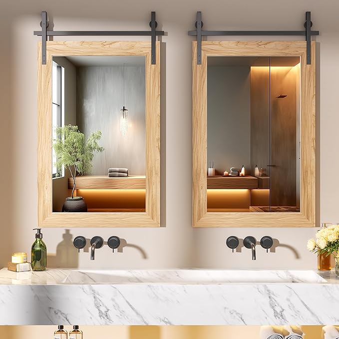 Hasipu Farmhouse Bathroom Mirror, 22"x30" Rustic Wood Framed Wall Mounted Mirror, Brown Vintage Vanity Mirror Barn Door Style Decrative Mirrors