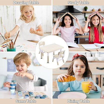 Adjustable Kids Table & Chairs Set for Ages 3-8 | 31.5"x23.6" Easy-Clean Activity Table | Meets ASTM/CPSC Standards for Daycare, Homeschool & Playroom (Natural-Wood, 2 Chairs)