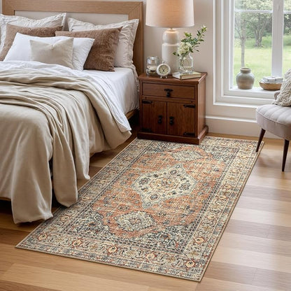 Lahome Oriental Washable Rug, 3x5 Rugs for Bedroom Living Room Entryway, Vintage Ultra-Thin Non-Slip Soft Throw Carpet for Kitchen Office Entrance, Peach/Orange
