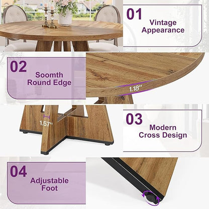 Round Dining Table for 4, 47" Wooden Kitchen Dinner Table Rustic, Farmhouse Table for Dining Room, Living Room, Light Oak Brown