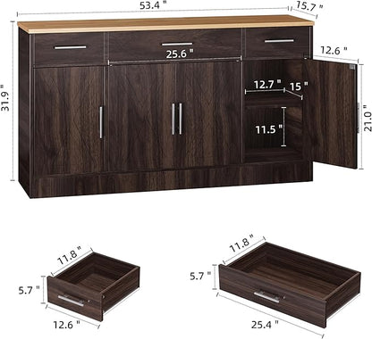 Shintenchi Sideboard Buffet Cabinet with Storage,53.4" Large Kitchen Buffet Storage Cabinet with 3 Drawers and 4 Doors,Wood Farmhouse Sideboard with Adjustable Shelf for Kitchen, Living Room,Brown