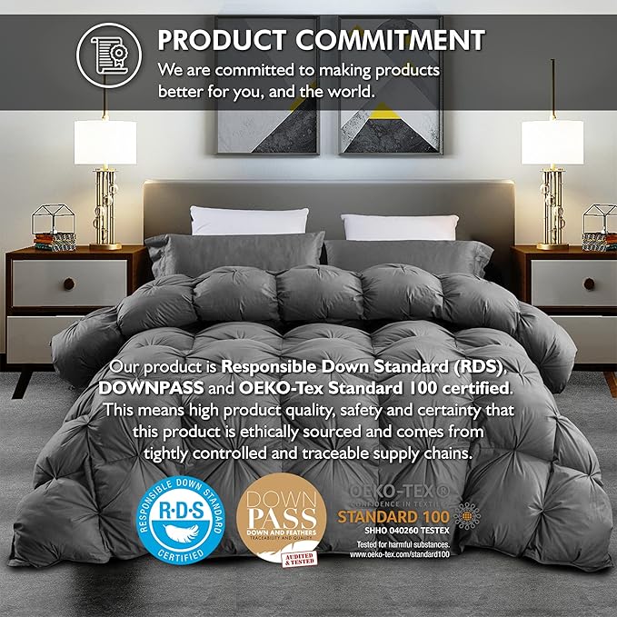 Luxurious All-Season Goose Down Feather Fiber Comforter Super King Size Duvet Insert (120x120), Exquisite Pinch Pleat Design- Gray, Premium Baffle Box, 100% Egyptian Cotton Cover, 85 oz. Fill Weight