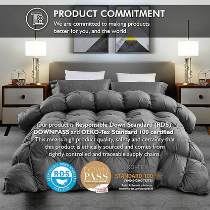 Luxurious All-Season Goose Down Feather Fiber Comforter Super King Size Duvet Insert (120x120), Exquisite Pinch Pleat Design- Gray, Premium Baffle Box, 100% Egyptian Cotton Cover, 85 oz. Fill Weight