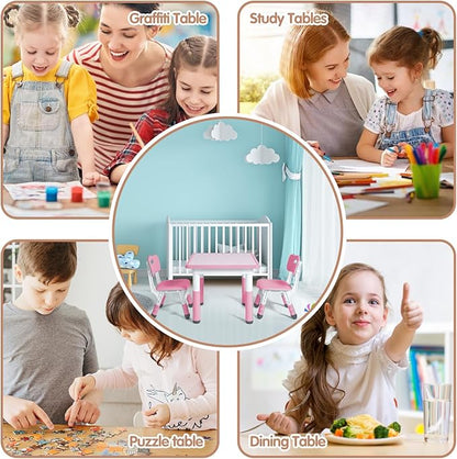 Kids Table and 2 Chairs Set, Height Adjustable Toddler Study Table and Chair Set, Kid Size for Ages 3-8 Children, Graffiti Desktop, Easy to Wipe/Arts & Crafts, Homes/Classrooms/Daycare (Pink)