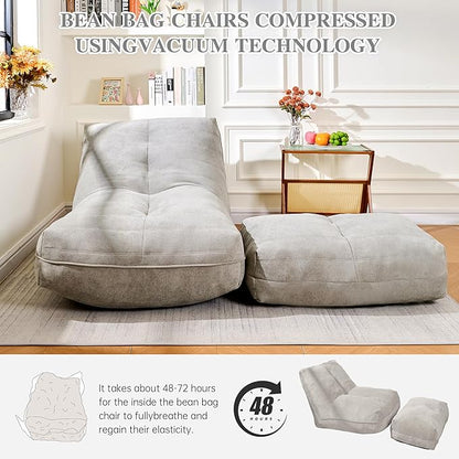 Bean Bag Chair with Ottoman, Comfy Bean Bag Sofa with Memory Foam, Lazy BeanBag Sofa with Footstool, Fireside Bean Bag Couch for Living Room, Bedroom, Apartment (Gray)