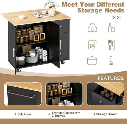 Shintenchi Kitchen Island with Folding Drop Leaf, Rolling Island Table with Storage, Kitchen Cabinet on Wheels with Seating Area for Kitchen, Bar Cart with Cabinet, Black