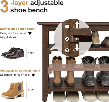 Wooden Storage Shoe Bench, Entryway Bench with 3-Tiers Height Adjustable, Shoe Rack Front Doors Entrances for Hallway Living Room,Mudrooms (Brown,25.6")