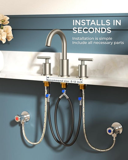 FORIOUS 8 In Widespread Brushed Nickel Bathroom Faucet 3 Hole with Metal Pop Up Drain and 24 Inch Supply Hose, 2 Handle 3 Hole Vanity Faucet for Bathroom Sink Brush Nickel with 360 Degree Swivel Spout