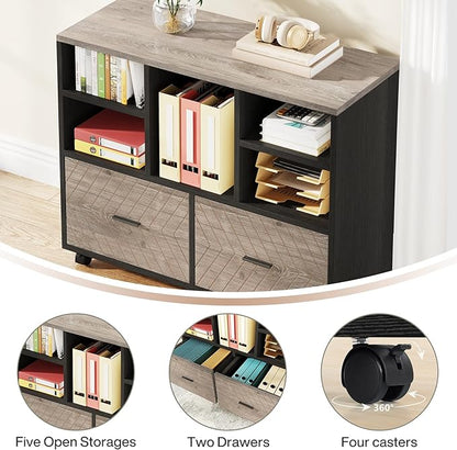 Tribesigns 2-Drawer Wood File Cabinet, Mobile Lateral Filing Cabinet for Hanging Letter Size Files, Printer Stand with Open Storage Shelves for Home Office (Gray & Black)