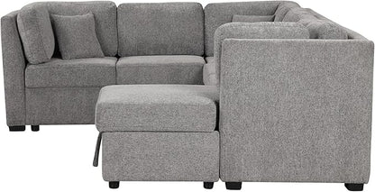Ball & Cast 108.6" Sleeper Sectional Pull Out Sofa with 2 USB Ports,Two Power Sockets,Versatile U-Shape Couch w/ 3 Back Pillows and Storage Chaise,for Living Room,Office,Apartment,Light Gray