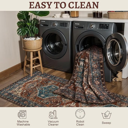 Tangsoo 5x7 Area Rug Washable Rug for Living Room, Vintage Indoor Non Slip Large Area Rugs, Print Distressed Rust Carpet, Soft Low Pile Foldable Floor Rug for Bedroom Dining Room Dorm