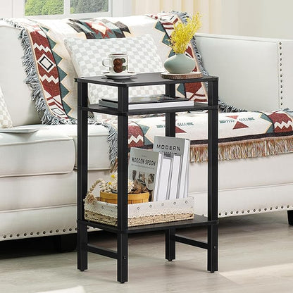 28in Tall Side Table Set of 2, 3-Tier Small Narrow End Table for Couch, Skinny Nightstand for Small Space, Farmhouse Slim Night Stand with Storage, Wooden Frame Thin Bedside Table, Black