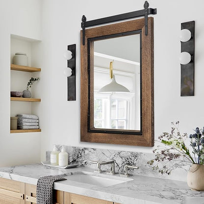 YOSHOOT Farmhouse Barn Door Mirror, 32"x24" Rustic Bathroom Mirror, Wood Frame Wall Mirror, Wooden Mirror for Living Room Bedroom Entryway Wall Décor, Vertical Hanging ONLY