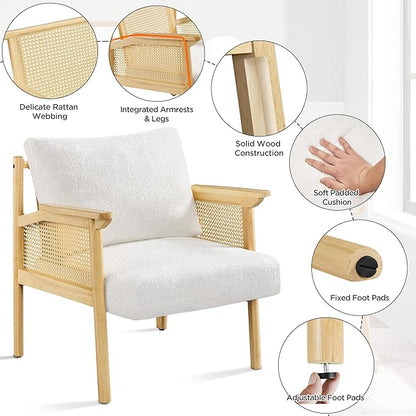Yaheetech Accent Chair, Boucle Vanity Chair with Rattan Back Arms, Mid Century Chair Upholstered Living Room Chair Lounge Chair Bedroom Balcony White