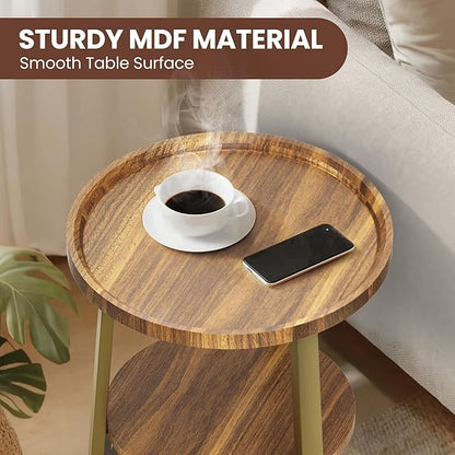 PPAMAPIC Round End Table, 2 Tier Side Table with Storage Shelf, Nightstand Accent Table for Living Room Bedroom Small Space, Golden Metal Frame, 19.7" D x 23.6" H, Rustic Brown