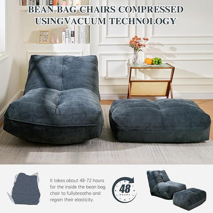 Bean Bag Chair with Ottoman, Comfy Bean Bag Sofa with Memory Foam, Lazy BeanBag Sofa with Footstool, Fireside Bean Bag Couch for Living Room, Bedroom, Apartment (Blue Gray)
