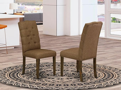 East West Furniture ELP7T18 Elsa Parson Chairs - Button Tufted Nailhead Trim Brown Linen Linen Fabric Padded Dining Chairs, Set of 2, Jacobean