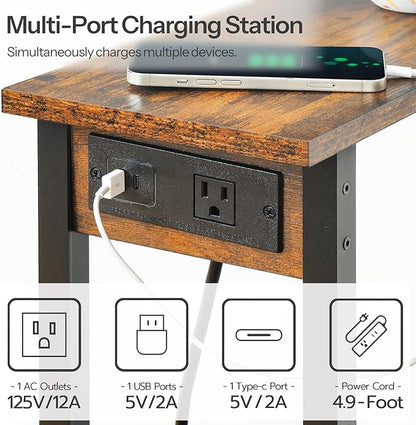 HOOBRO Small End Table with Charging Station, Narrow Side Table with USB Port and Outlets, Skinny Sofa Table, Slim Nightstand, Living Room, Bedroom, Rustic Brown and Black BF240UBZ01