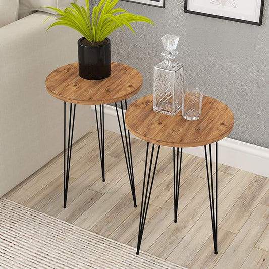 PAK HOME - Set of 2 End Table – Pine Wood Round Wood Sofa Side Coffee Tables for Small Spaces, Nightstand Bedside Table with Black Metal Legs for Bedroom, Living Room, Home Office, Balcony