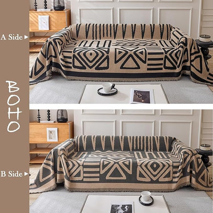 HANDONTIME Boho Geometric Couch Covers for Sofa Pet Friendly Taupe and Black Sofa Covers Washable Chenille Couch Blanket Cover for 3 4 Cushion Couches Pet Protector Furniture Cover Soft, 71" X 134"