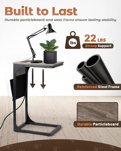 C Shaped End Table with Charging Station, Couch Side Table with Storage Pocket, Slide Under Couch Sofa Table Tray, Greige