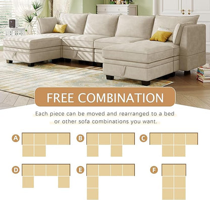 115.1 Inch Oversized U-Shape Sectional Sofa with Removable Ottoman and Storage Seat, Modular Upholstered Convertible Couch Bed w/Reversible Chaise for Living Room, Office, Beige