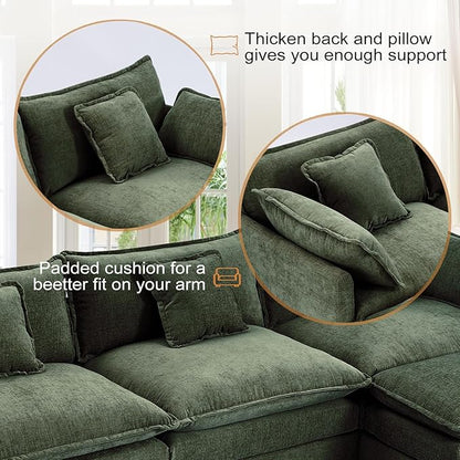 Furniliving 112‘’ L-Shaped Sofa, Luxury Chenille Modular Sectional Couches with Ottoman, Upholstered Deep Seat Sleeper Sofa with Memory Foam and Waist Pillows, Green