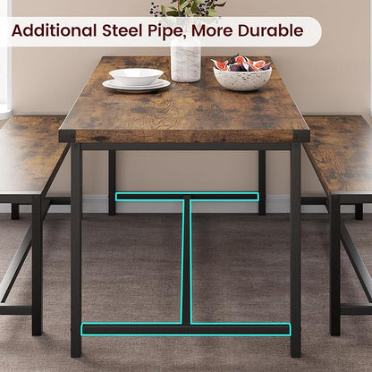 Dining Table Set for 4 with 2 Benches, 3-Piece Kitchen Table Set, Space-Saving Dining Set for Kitchen, Dining Room, Brown