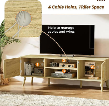 SUPERJARE Boho TV Stand for 65 Inch TV, Entertainment Center with Adjustable Shelf, Rattan TV Console with 2 Cabinets, Media Console, Solid Wood Feet, 4 Cord Holes, for Living Room - Natural