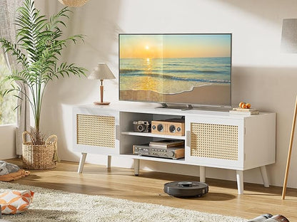 SUPERJARE TV Stand for 65 Inch TV, Entertainment Center with Adjustable Shelf, Rattan TV Console with 2 Cabinets, Media Console, Solid Wood Feet, 4 Cord Holes, for Living Room, White-8750W